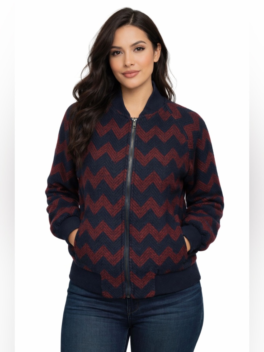 Mona B Chevron Bomber Jacket Navy Burgundy Wool Blend Zip Up Cozy Small